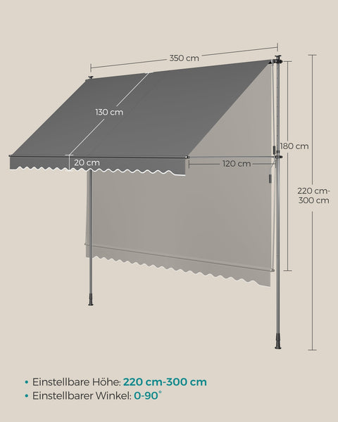 Rootz Crank Clamp Awning - Retractable Canopy - Outdoor Sunshade - Aluminum Construction - 350cm x 120cm - Anthracite