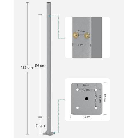 Rootz Gray Metal Side Awning Post - Outdoor Canopy Pole - Sunshade Stand - Powder-coated - Lightweight - Easy to Assemble - 11.5cm x 11.5cm x 152cm