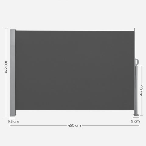 Rootz Extendable Side Awning 160 x 450 cm - Balcony Shade - Retractable Canopy - Steel Pole - Weatherproof Polyester - 160cm x 450cm