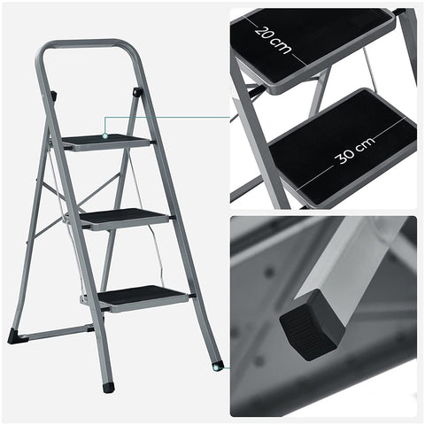 Rootz 3 Step Steel Ladder - Folding Step Ladder - Portable Ladder - High Stability and Security - Thoughtful Design - Safe Work Environment - 46.5cm x 4.5cm x 117cm
