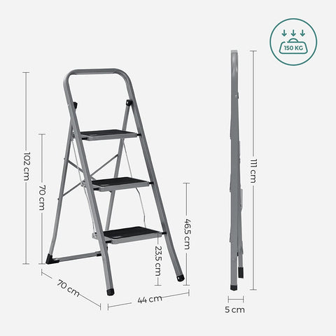 Rootz 3 Step Steel Ladder - Folding Step Ladder - Portable Ladder - High Stability and Security - Thoughtful Design - Safe Work Environment - 46.5cm x 4.5cm x 117cm