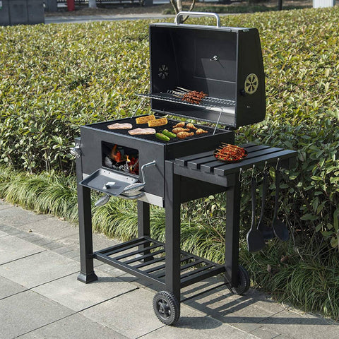 Rootz Charcoal Grill with Lid - Barbecue Grill - Portable BBQ - Adjustable Heat Control - Built-in Temperature Gauge - Easy Mobility - 113cm x 45.5cm x 100cm