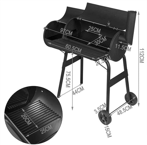 Rootz Ultimate Charcoal Grill - Outdoor BBQ Grill - Portable Barbecue - Enhanced Mobility, Dual Cooking Chambers, Integrated Temperature Control - Steel - 115cm x 53cm x 114cm