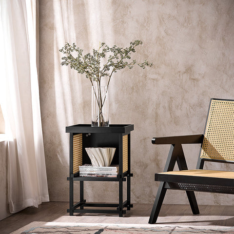 Rootz Tenon Connection Side Table - Coffee Table - Yellow Grid Panels - Black Wood - Easy Assembly - 40cm x 60cm x 40cm