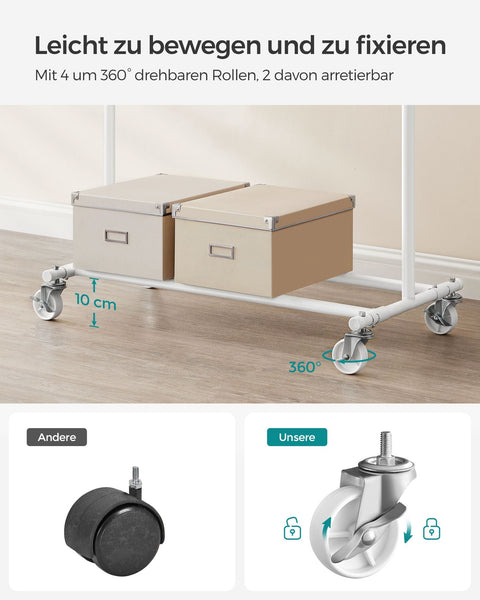 Rootz Classic White Clothes Rack - Garment Stand - Rolling Wardrobe - Steel Construction - PP Wheels - Adjustable Height - 45.4cm x (92-132)cm x 160cm - Lightweight - Easy Assembly - Max. Load 90kg