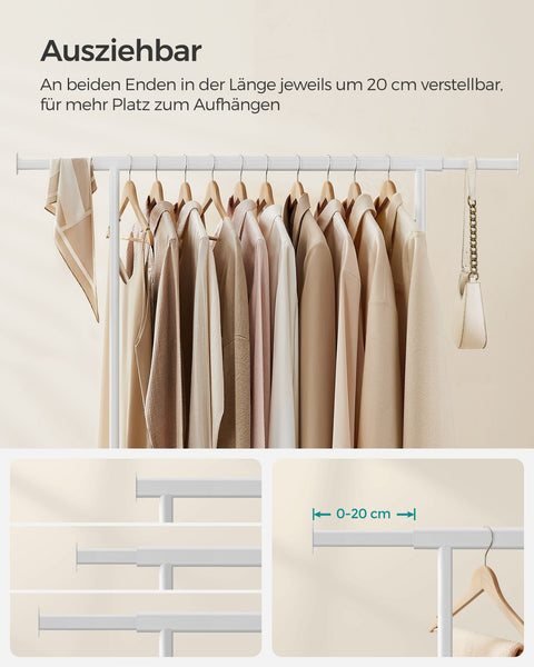 Rootz Classic White Clothes Rack - Garment Stand - Rolling Wardrobe - Steel Construction - PP Wheels - Adjustable Height - 45.4cm x (92-132)cm x 160cm - Lightweight - Easy Assembly - Max. Load 90kg