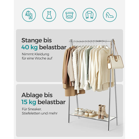 Rootz Steel Clothes Rack - Garment Stand - Wardrobe Organizer - Silver Finish - 33.5cm x 92.5cm x 153cm
