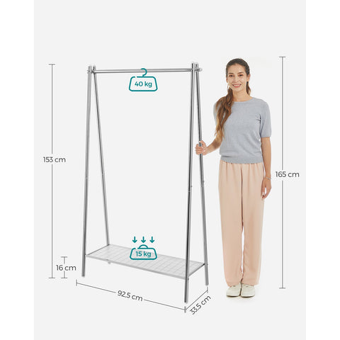 Rootz Steel Clothes Rack - Garment Stand - Wardrobe Organizer - Silver Finish - 33.5cm x 92.5cm x 153cm