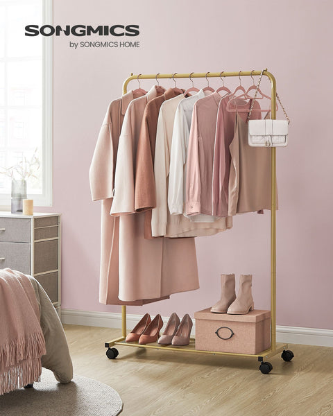 Rootz Gold Steel Clothes Rack on Wheels - Garment Rack - Rolling Wardrobe - Heavy Duty - Portable - Easy Assembly - 40.5cm x 91cm x 158cm