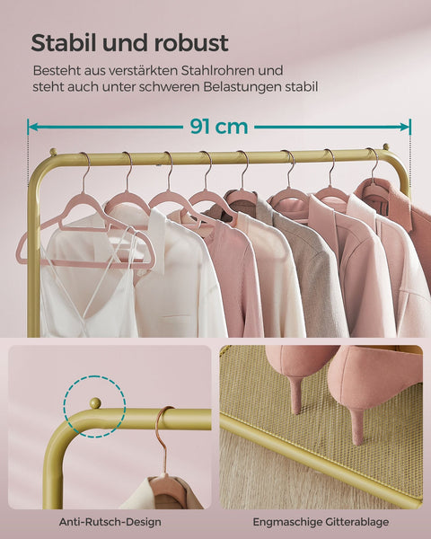 Rootz Gold Steel Clothes Rack on Wheels - Garment Rack - Rolling Wardrobe - Heavy Duty - Portable - Easy Assembly - 40.5cm x 91cm x 158cm