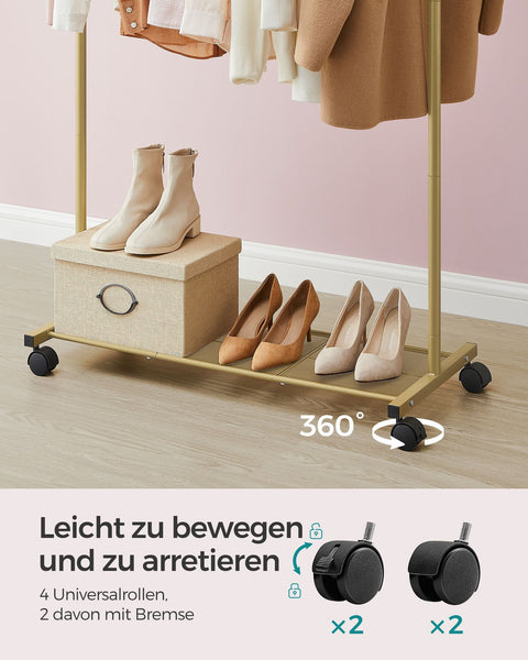 Rootz Gold Steel Clothes Rack on Wheels - Garment Rack - Rolling Wardrobe - Heavy Duty - Portable - Easy Assembly - 40.5cm x 91cm x 158cm