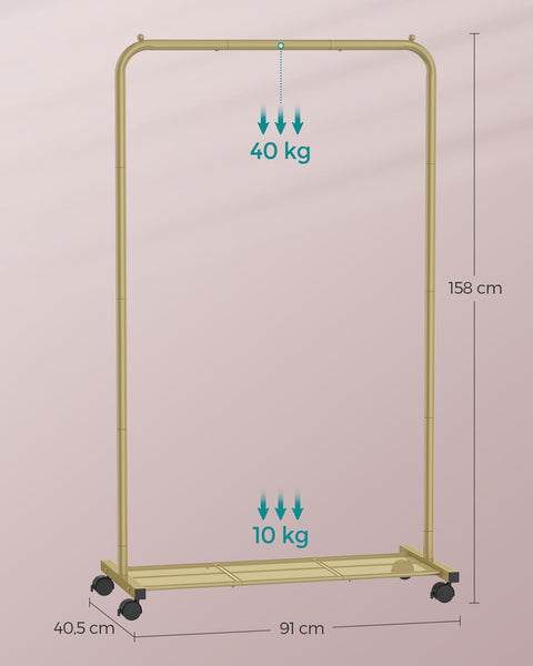 Rootz Gold Steel Clothes Rack on Wheels - Garment Rack - Rolling Wardrobe - Heavy Duty - Portable - Easy Assembly - 40.5cm x 91cm x 158cm