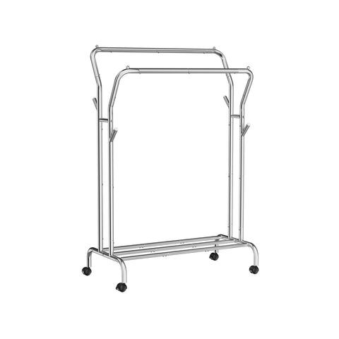 Rootz Clothes Rack with Wheels - Garment Rack - Rolling Clothes Stand - 2 Hanging Rails - Silver Finish - 90cm x 45cm x 160cm