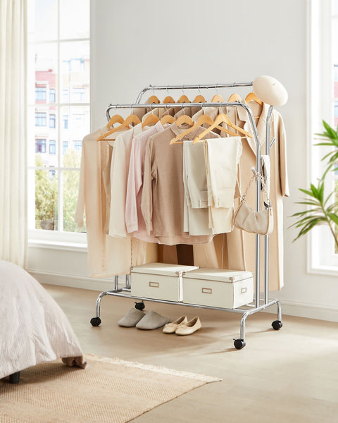 Rootz Clothes Rack with Wheels - Garment Rack - Rolling Clothes Stand - 2 Hanging Rails - Silver Finish - 90cm x 45cm x 160cm