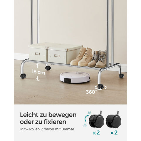 Rootz Clothes Rack with Wheels - Garment Rack - Rolling Clothes Stand - 2 Hanging Rails - Silver Finish - 90cm x 45cm x 160cm