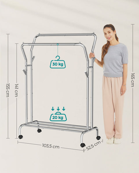Rootz Clothes Rack with Wheels - Garment Rack - Rolling Clothes Stand - 2 Hanging Rails - Silver Finish - 90cm x 45cm x 160cm