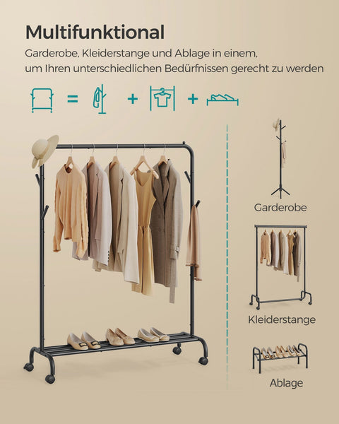Rootz Clothes Rack with Wheels - Garment Organizer - Mobile Wardrobe - Sturdy Steel - 41cm x 103.5cm x 155cm - Black