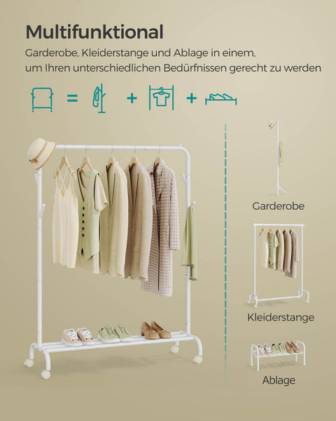 Rootz Mobile Clothes Rack - Rolling Garment Stand - Portable Wardrobe - Alloy Steel - 103.5cm x 41cm x 155cm - White