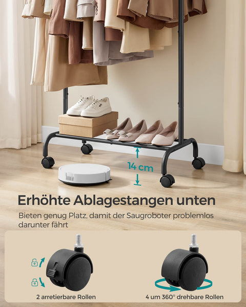 Rootz Clothes Rack on Wheels - Garment Rack - Mobile Wardrobe - 45kg Capacity - Ink Black - 40x(83-120)x156cm