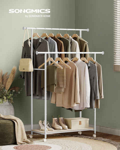 Rootz Clothes Rack with Wheels - Garment Rack - Rolling Wardrobe - Steel Chipboard - Natural Beige Cloud White - 39.6cm x 98.5cm x 156.8cm - Heavy Duty - Easy Assembly - Mobile Storage Solution