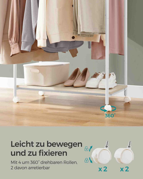 Rootz Clothes Rack with Wheels - Garment Rack - Rolling Wardrobe - Steel Chipboard - Natural Beige Cloud White - 39.6cm x 98.5cm x 156.8cm - Heavy Duty - Easy Assembly - Mobile Storage Solution