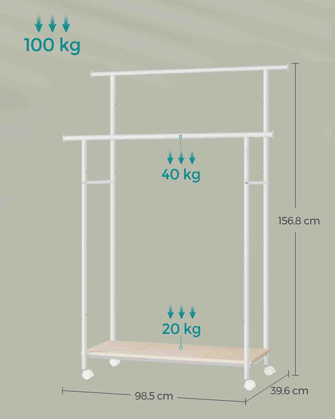 Rootz Clothes Rack with Wheels - Garment Rack - Rolling Wardrobe - Steel Chipboard - Natural Beige Cloud White - 39.6cm x 98.5cm x 156.8cm - Heavy Duty - Easy Assembly - Mobile Storage Solution