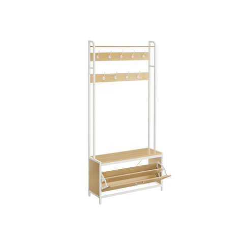 Rootz Coat Stand with Shoe Cabinet - Entryway Organizer - Hall Tree - Brown & White Finish - 30cm x 85cm x 180cm
