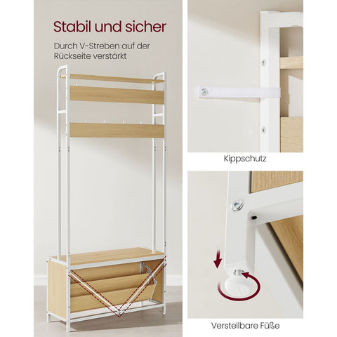 Rootz Coat Stand with Shoe Cabinet - Hallway Organizer - Entryway Storage - Space-saving Solution - Brown-White - 30cm x 85cm x 180cm
