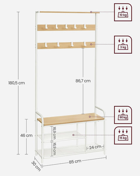 Rootz Coat Rack - Oak White - Chipboard Steel - Entryway Organizer - Storage Solution - Easy Assembly - 30cm x 85cm x 180.5cm