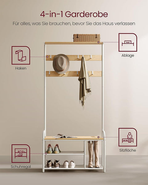 Rootz Coat Rack - Oak White - Chipboard Steel - Entryway Organizer - Storage Solution - Easy Assembly - 30cm x 85cm x 180.5cm