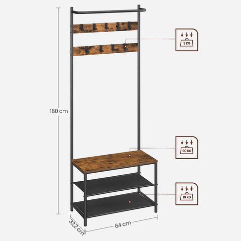 Rootz Coat Stand with Bench - Garment Rack - Hallway Organizer - Space-Saving Design - 32.2 x 64 x 180 cm