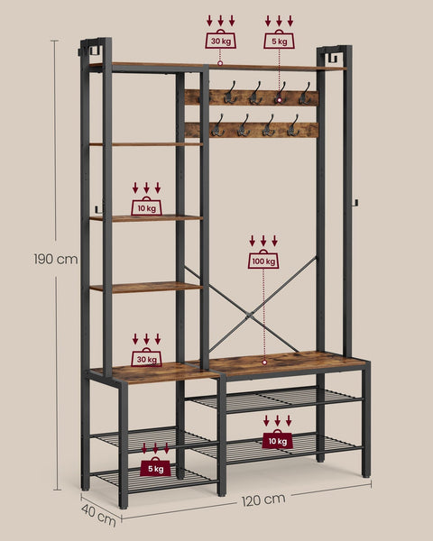 Rootz Coat Rack with Shoe Bench - Hallway Organizer - Entryway Storage - Maximizes Space - 40cm x 120cm x 190cm