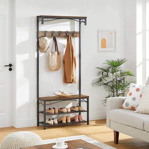 Rootz Wardrobe - Industrial Style - Shoe Rack - Stable - Coat Hooks - Safe - Solid Construction - Rustic Look - Elegant Coat Stand - Powder-coated Metal Tubes - Black-dark Brown - 80 x 178.5 x 30 cm