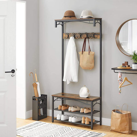 Rootz Wardrobe - Industrial Style - Shoe Rack - Stable - Coat Hooks - Safe - Solid Construction - Rustic Look - Elegant Coat Stand - Powder-coated Metal Tubes - Black-dark Brown - 80 x 178.5 x 30 cm