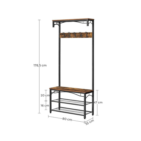 Rootz Wardrobe - Industrial Style - Shoe Rack - Stable - Coat Hooks - Safe - Solid Construction - Rustic Look - Elegant Coat Stand - Powder-coated Metal Tubes - Black-dark Brown - 80 x 178.5 x 30 cm