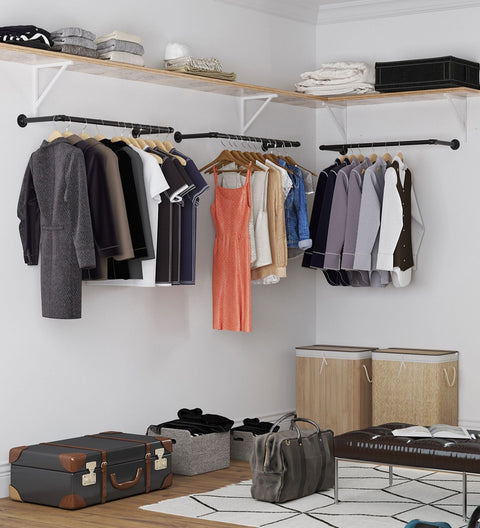 Rootz Wall Mounted Clothes Rail - Wardrobe Rod - Hanging Bar - Space Saver - Black Steel - 92cm x 30cm x 7.5cm