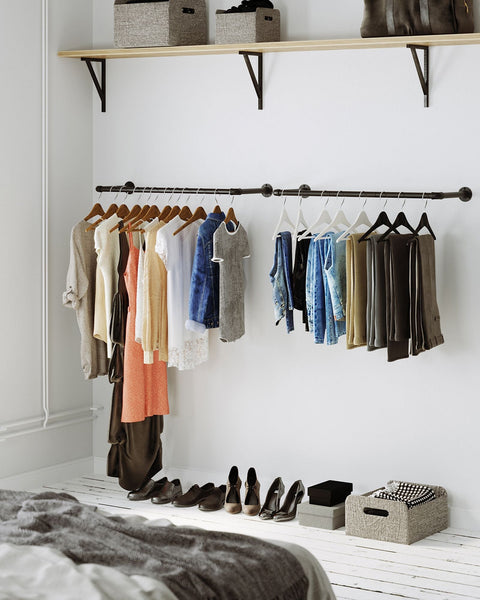 Rootz Wall Mounted Clothes Rail - Wardrobe Rod - Hanging Bar - Space Saver - Black Steel - 92cm x 30cm x 7.5cm