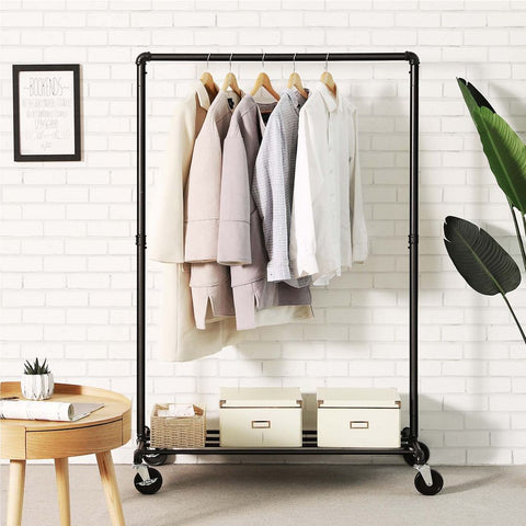 Rootz Clothes Rack - Heavy Duty Clothes Rack - Industrial Style - Portable Clothes Stand - Freestanding Clothes Organizer - Mobile Clothing Storage - Powder-coated Iron Pipes - Black - 100 x 163 x 49 cm (W x H x D)