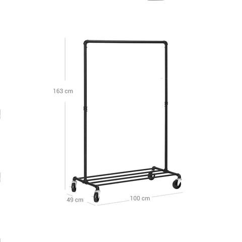 Rootz Clothes Rack - Heavy Duty Clothes Rack - Industrial Style - Portable Clothes Stand - Freestanding Clothes Organizer - Mobile Clothing Storage - Powder-coated Iron Pipes - Black - 100 x 163 x 49 cm (W x H x D)
