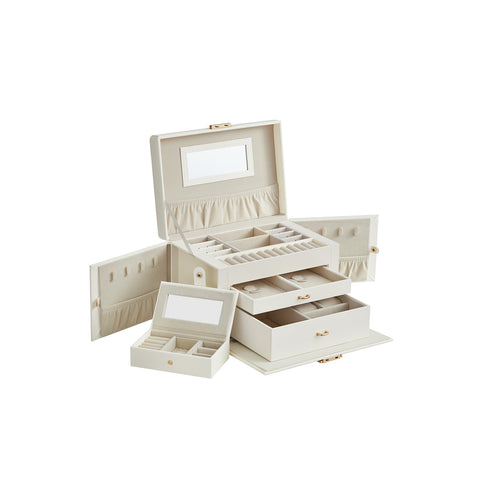 Rootz Jewelry Box - White PU Cover - Cream White Lining - Polyurethane Material - Medium Density Fiberboard - Velvet Interior - Compact Design - Secure Lock - Lightweight - 18.2cm x 26cm x 17.4cm