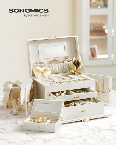 Rootz Jewelry Box - White PU Cover - Cream White Lining - Polyurethane Material - Medium Density Fiberboard - Velvet Interior - Compact Design - Secure Lock - Lightweight - 18.2cm x 26cm x 17.4cm