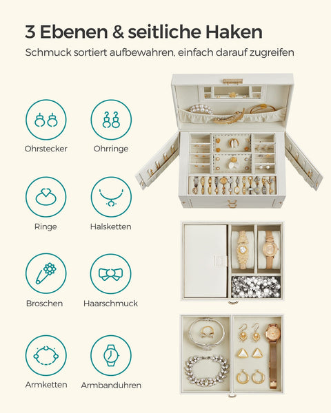Rootz Jewelry Box - White PU Cover - Cream White Lining - Polyurethane Material - Medium Density Fiberboard - Velvet Interior - Compact Design - Secure Lock - Lightweight - 18.2cm x 26cm x 17.4cm