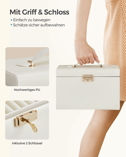 Rootz Jewelry Box - White PU Cover - Cream White Lining - Polyurethane Material - Medium Density Fiberboard - Velvet Interior - Compact Design - Secure Lock - Lightweight - 18.2cm x 26cm x 17.4cm