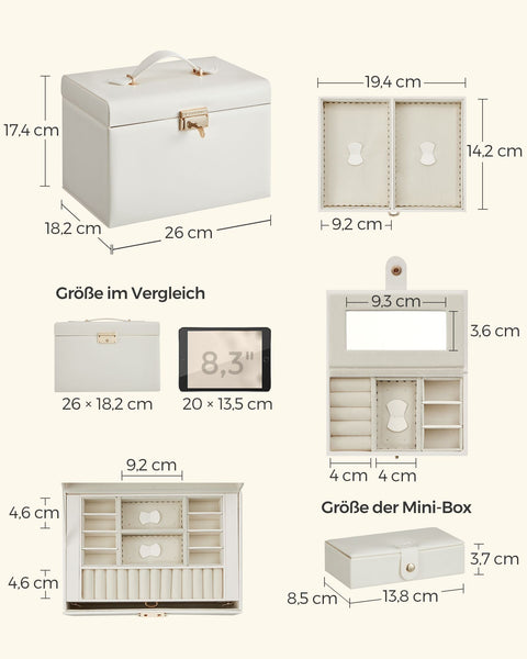 Rootz Jewelry Box - White PU Cover - Cream White Lining - Polyurethane Material - Medium Density Fiberboard - Velvet Interior - Compact Design - Secure Lock - Lightweight - 18.2cm x 26cm x 17.4cm