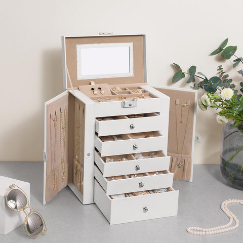 Rootz Jewelry Box Organizer - Jewelry Storage - Jewelry Case - MDF Material - Velvet Lining - Large Mirror - 26cm x 15.5cm x 32cm