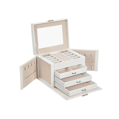Rootz Jewelry Box Organizer - Gift Box - Storage Case - MDF Construction - Velvet Lining - Large Capacity - Lockable - White - 22.5cm x 17.5cm x 16.5cm