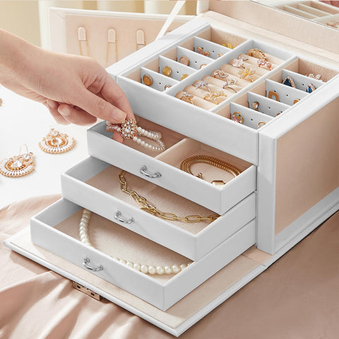 Rootz Jewelry Box Organizer - Gift Box - Storage Case - MDF Construction - Velvet Lining - Large Capacity - Lockable - White - 22.5cm x 17.5cm x 16.5cm