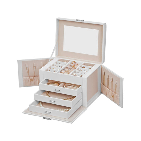Rootz Jewelry Box Organizer - Gift Box - Storage Case - MDF Construction - Velvet Lining - Large Capacity - Lockable - White - 22.5cm x 17.5cm x 16.5cm