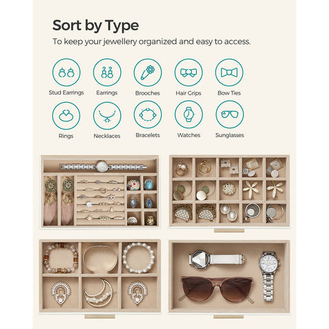 Rootz Jewelry Box Organizer - Storage Case - Trinket Holder - MDF PU Velvet Glass - Compact Design - Elegant Look - Secure Closure - 15.3cm x 25.1cm x 21.5cm