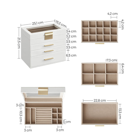 Rootz Jewelry Box Organizer - Storage Case - Trinket Holder - MDF PU Velvet Glass - Compact Design - Elegant Look - Secure Closure - 15.3cm x 25.1cm x 21.5cm